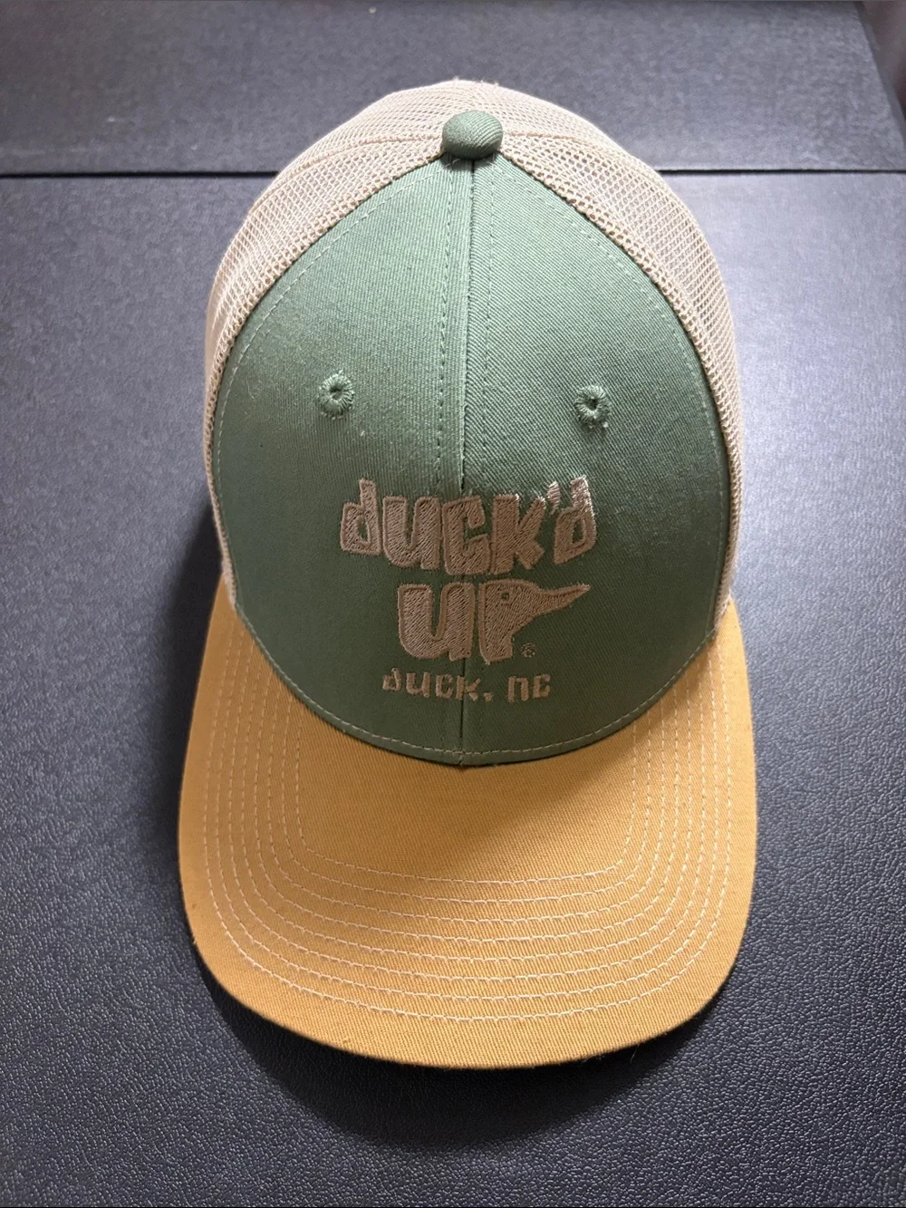 Duck'd Up Trucker Hat in Green and Tan Duck, North Carolina